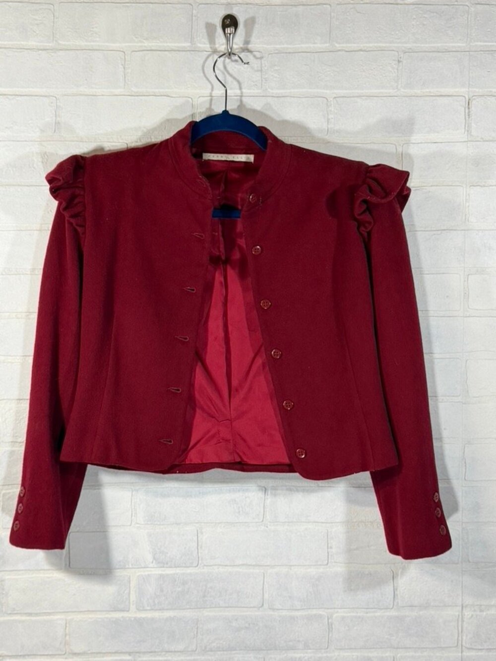 Vintage 100% Wool Perry Ellis Cropped Blazer with Ruffle Detail